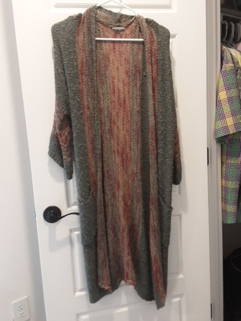 Longline Open-Front Cardigan Sweater in Olive with Rust and Cream Accents